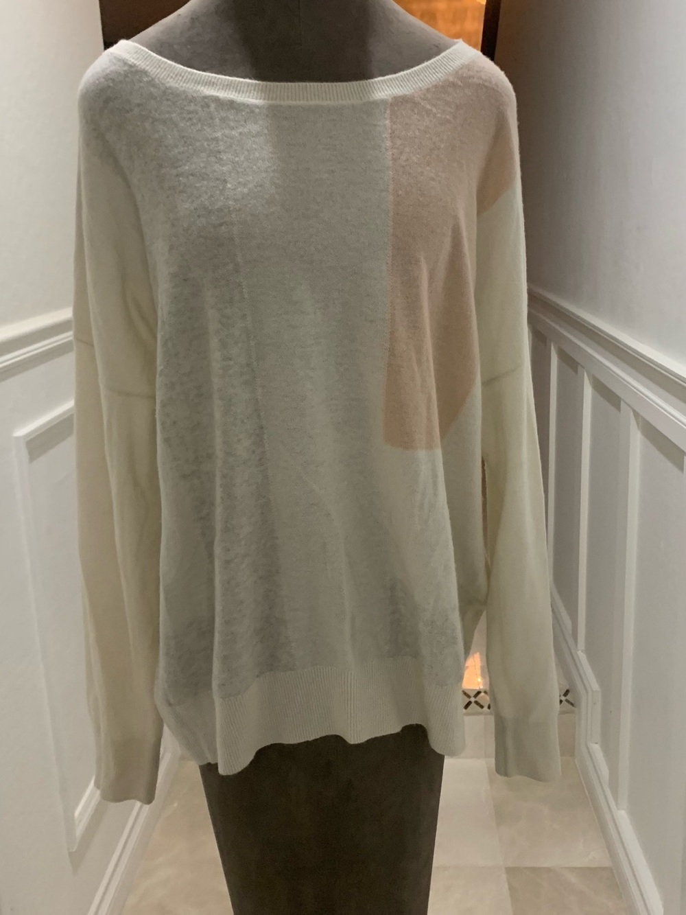 Vince Cashmere Colorblock Sweater in Cream/Heather Grey/Pale Pink, Size XL